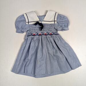 Vtg Polly Flinders Dress Girls Sz 2T Blue Pinstripe Sailor Sailboat Smocked 80s